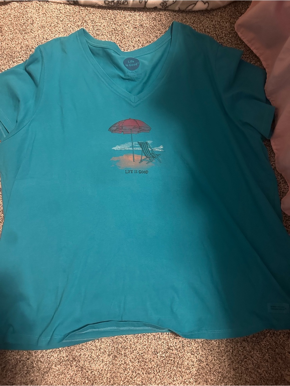 Life Is Good Teal V-Neck Tee with Beach Umbrella Graphic